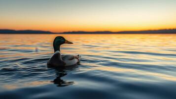 Mallard duck swimming at sunset on tranquil lake in natural setting photo