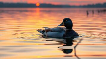 Serene mallard duck glides on calm water during vibrant sunset over lake photo