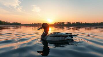 Duck swimming on a tranquil lake at sunset with colorful reflections on the water surface photo