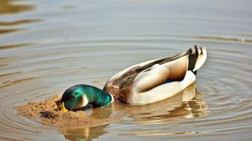 Mallard duck foraging in calm water at a lakeside in the early morning light photo