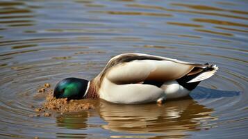 Mallard duck feeding in calm water while searching for food in marshland during sunny afternoon photo