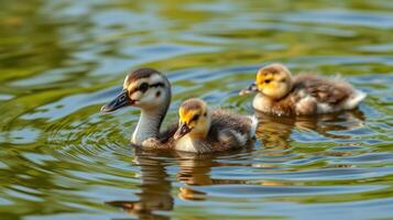 Family of ducklings swimming together in a calm pond during a sunny afternoon photo