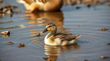 Duckling swimming in calm waters surrounded by natural elements during daylight photo
