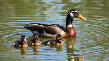 Duck with ducklings swimming in a serene pond during a sunny afternoon in nature photo