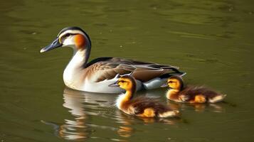Mother duck swimming with her adorable ducklings in a tranquil pond during the golden hour photo