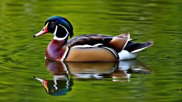 Colorful wood duck swimming in a serene pond surrounded by lush greenery on a calm day photo