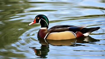 Vibrant wood duck swimming gracefully on a tranquil pond during daytime photo