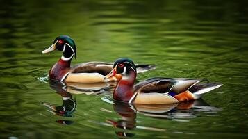 Colorful wood ducks swimming gracefully in a serene pond under soft afternoon light photo
