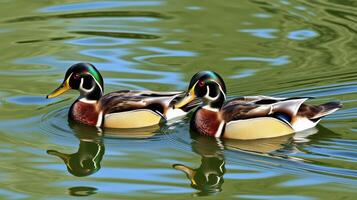 Wood ducks gracefully swimming in a tranquil pond with vibrant reflections photo