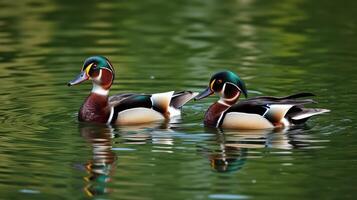 Colorful wood ducks swimming gracefully on a serene lake surrounded by lush greenery in afternoon light photo