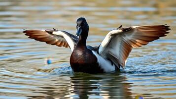 Majestic duck spreads wings in tranquil water reflecting natural beauty at golden hour photo