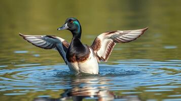 Majestic duck spreads wings in tranquil waters reflecting afternoon light photo