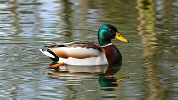 Colorful mallard duck gliding smoothly on a tranquil pond during a sunny afternoon photo