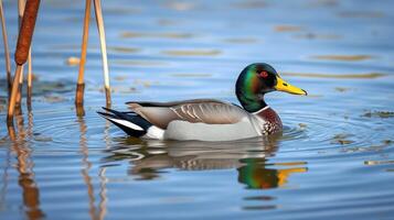 Colorful mallard duck swimming in a calm lake surrounded by tall reeds during bright daylight photo