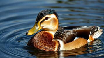 Mallard duck swimming in calm waters during a sunny day at a serene lake photo