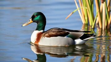 Male mallard duck swimming gracefully in a serene pond surrounded by tall grass photo