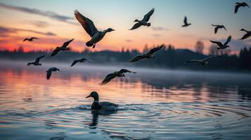 Ducks swim calmly in the water as birds take flight at sunset photo