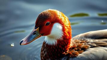 Vibrant waterfowl showcasing colorful plumage on a serene lake during golden hour photo