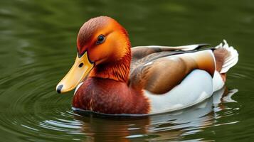 Brightly colored duck swimming peacefully on the water surface in a serene natural setting photo