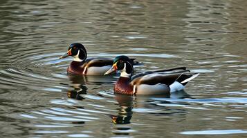 Two mallard ducks swimming peacefully in a serene pond during a clear afternoon photo