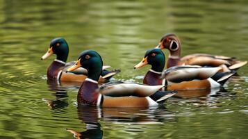 Four colorful ducks swimming in the serene waters of a tranquil pond surrounded by lush greenery photo