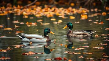 Ducks swimming in a tranquil pond surrounded by autumn leaves during a serene fall afternoon photo
