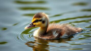 Cute duckling swims in peaceful pond surrounded by rippling water photo