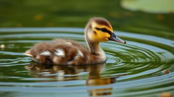 Cute duckling swims in calm water surrounded by ripples and foliage during a sunny day photo
