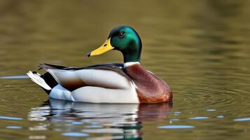 Mallard duck swims gracefully in a tranquil lake surrounded by nature at midday photo