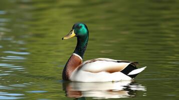 Colorful mallard duck swimming in a serene lake on a sunny afternoon photo