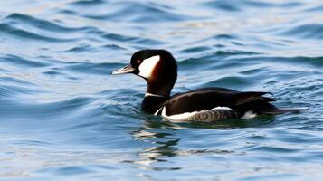Male harlequin duck swimming gracefully on a calm body of water in the afternoon sunlight photo