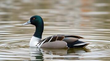 Beautiful duck glides serenely across a calm pond during a bright sunny day photo