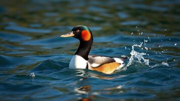 Colorful duck swims gracefully in calm waters during a sunny afternoon near a serene lake photo