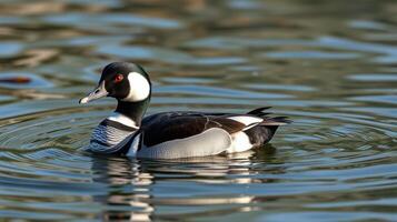 Majestic duck swimming gracefully in serene water under soft sunlight photo