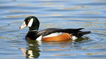 Male harlequin duck swimming in calm waters near a coastal area on a sunny day photo