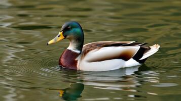 Colorful male duck swimming gracefully in a calm pond during a sunny afternoon photo