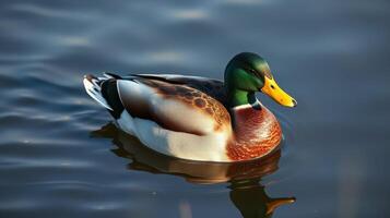 Mallard duck gliding gracefully on calm water during sunny day in a serene natural setting photo
