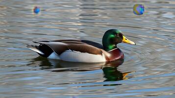 Adult male mallard duck gliding across calm water reflecting vibrant colors on a sunny day photo