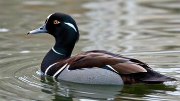 Wood duck elegantly swimming in a peaceful pond during a sunny afternoon photo