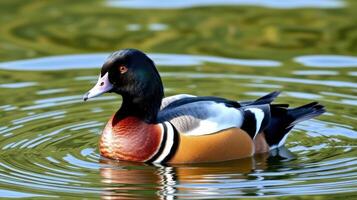 Colorful duck swims gracefully in a serene pond reflecting natural beauty photo