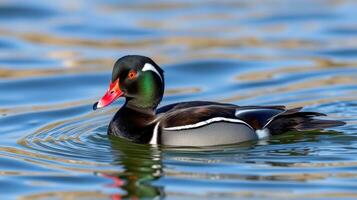 Duck with vibrant plumage swimming in a calm water body during daylight photo