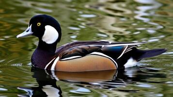 Colorful harlequin duck swimming gently in a calm lake during late afternoon light photo