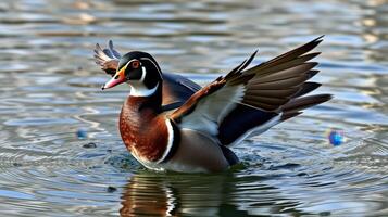 Majestic wood duck displaying its vibrant plumage while swimming in a tranquil pond at golden hour photo