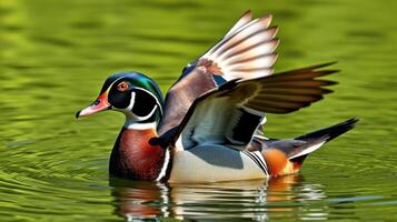 Wood duck displaying wings while swimming in a serene pond surrounded by lush greenery during a sunny afternoon photo