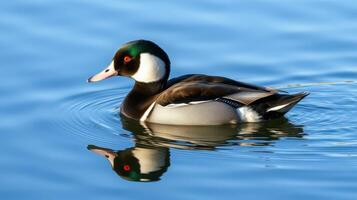 Male hooded merganser swims gracefully across a calm lake on a sunny afternoon during early spring photo