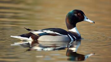 Beautiful male harlequin duck swimming gracefully in calm waters during daylight photo