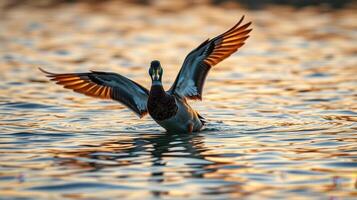 Dawn breaks as a mallard duck splashes in the shimmering water, wings spread wide against the golden sunlight photo