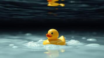Bright yellow rubber duck floats on calm water with bubbles reflecting soft light photo