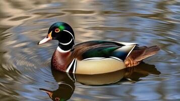Colorful wood duck swimming gracefully on a tranquil pond surrounded by autumn reflections photo