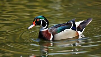 Wood duck swims gracefully in tranquil pond waters during a sunny day photo